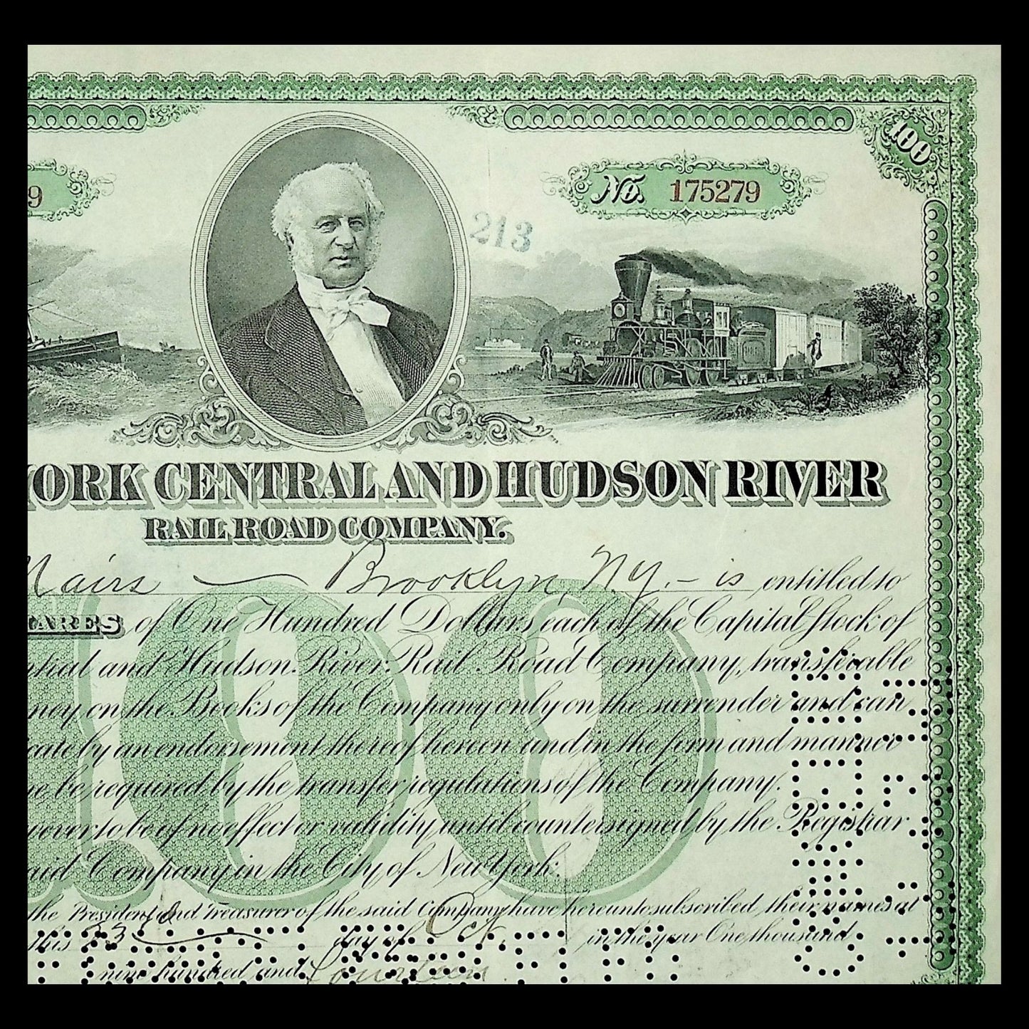 The New York Central and Hudson River Railroad Company Stock Certificate with Triple Vignettes 1920s