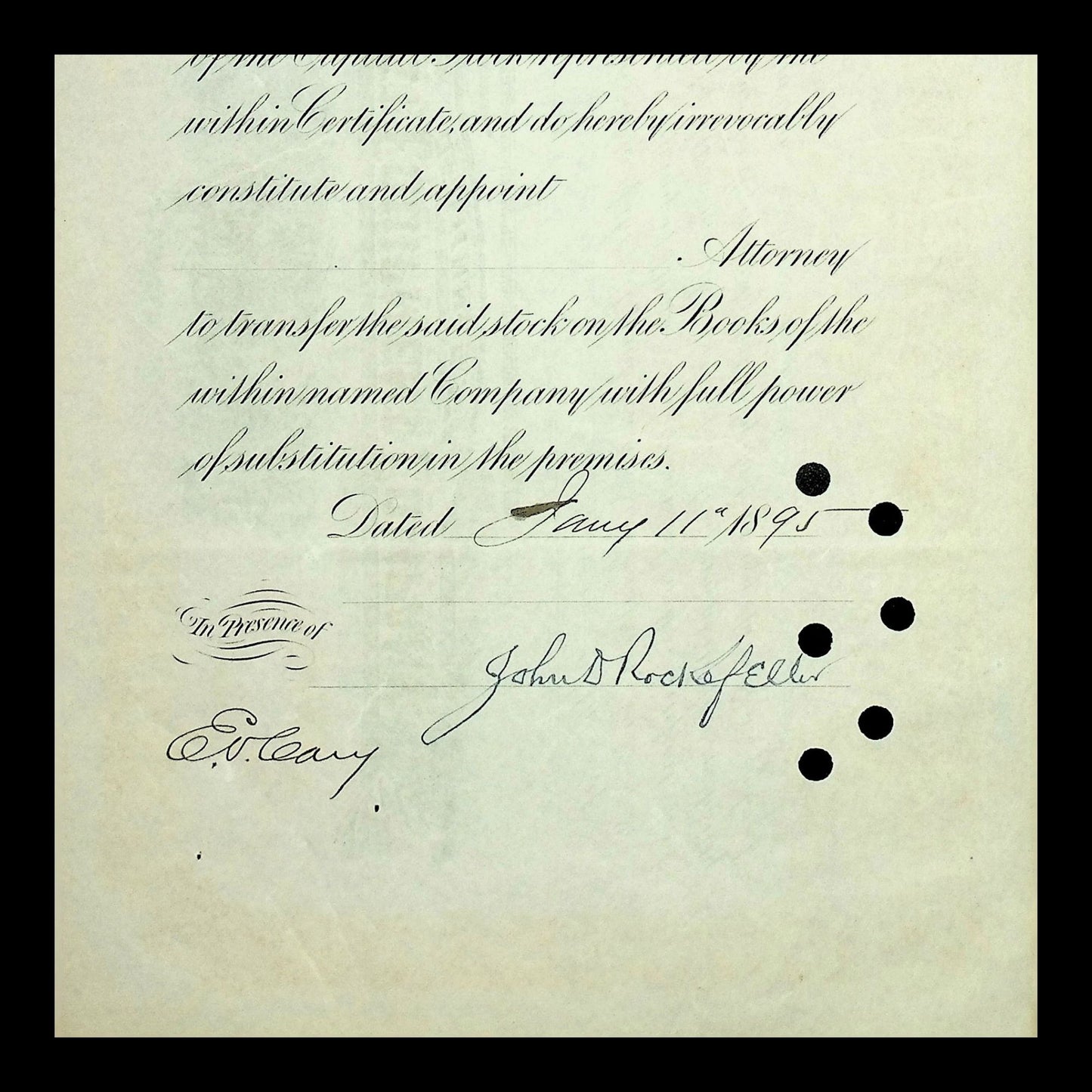 Signed by John D Rockefeller - Northwest Equipment Company Stock Certificate from 1888