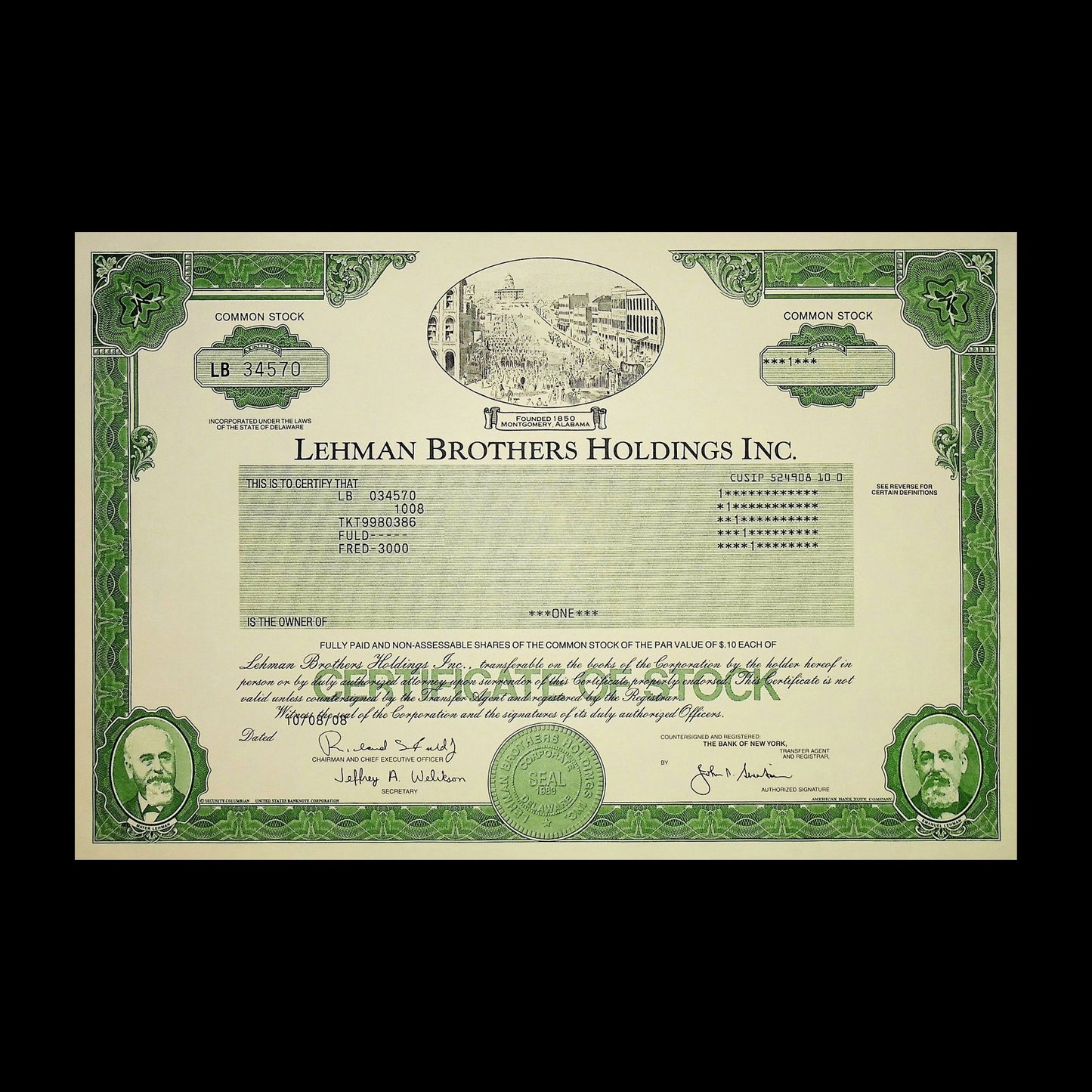 Lehman Brothers Stock Certificate Replica Blank Postcard