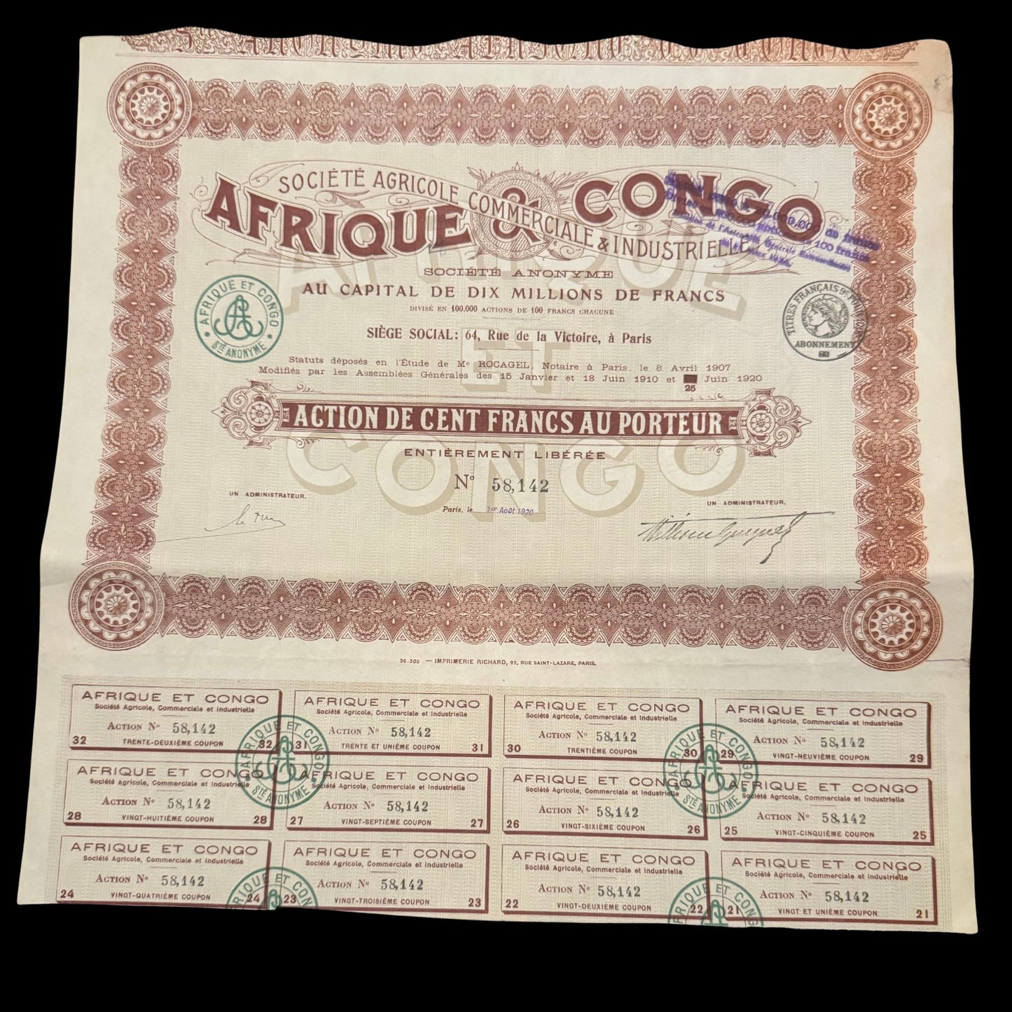 Africa & Congo Agricultural, Commercial & Industrial Company, French Stock Certificate from 1920