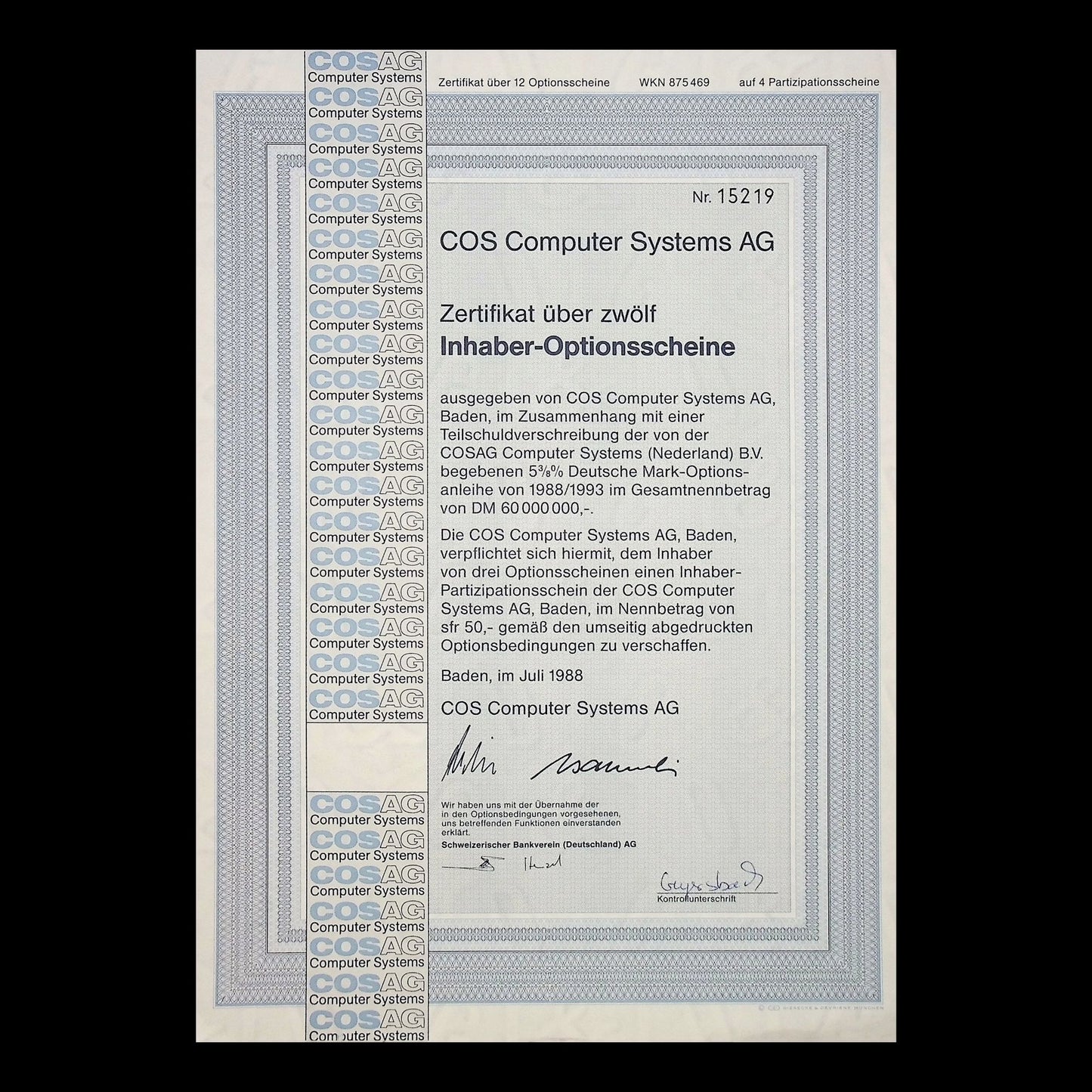 COS Computer Systems AG (Swiss co) Warrant Certificate in German from 1988