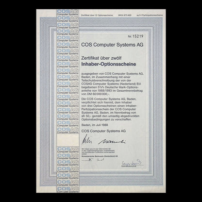 COS Computer Systems AG (Swiss co) Warrant Certificate in German from 1988