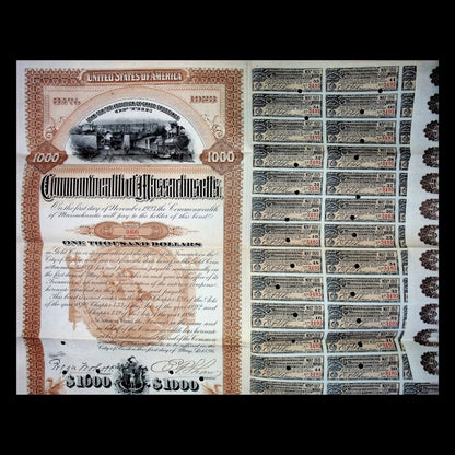 Commonwealth of Massachusetts Bond Certificate from 1896 with Coupons