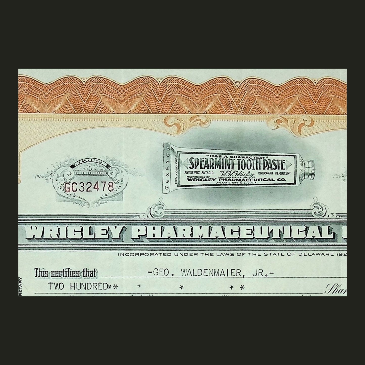 Wrigley Pharmaceutical Company Stock Certificate (Signed by W.W. Wrigley) from 1928