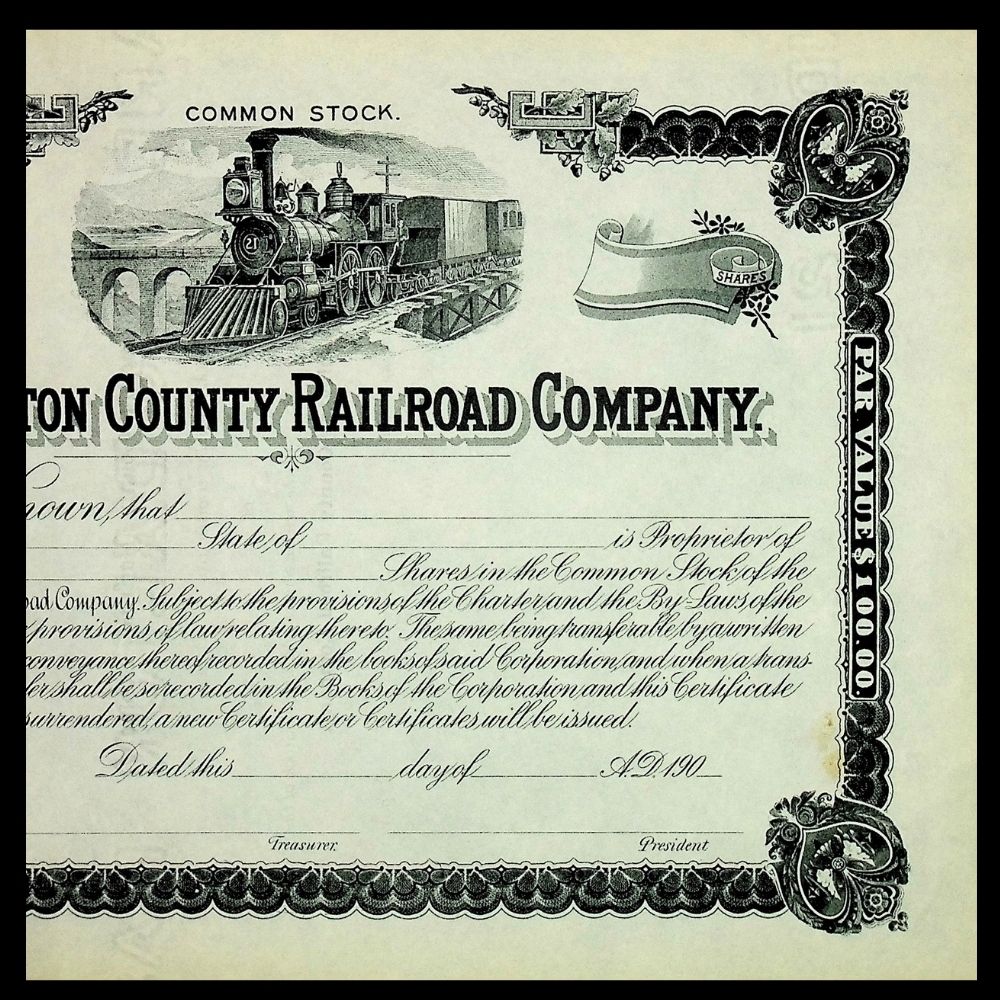 Washington Country Railroad (Maine) Company Unissued Stock Certificate 1900s