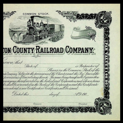 Washington Country Railroad (Maine) Company Unissued Stock Certificate 1900s