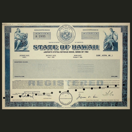 State of Hawaii Bond Certificate from 1984 (Airports System Revenue)