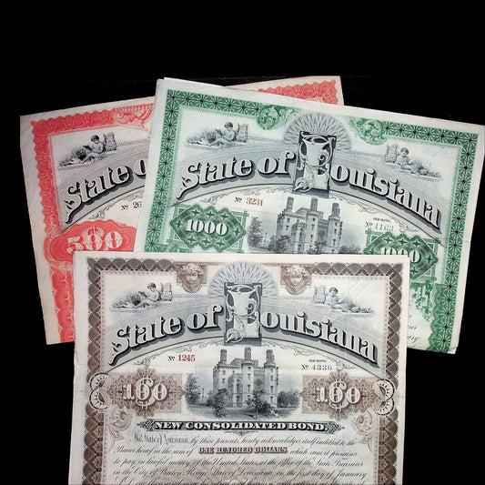 State of Louisiana Bond Certificate from 1892 Signed By Mayor Murphy J. Foster