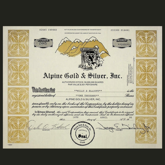 Alpine Gold & Silver Inc Stock Certificate from 1986