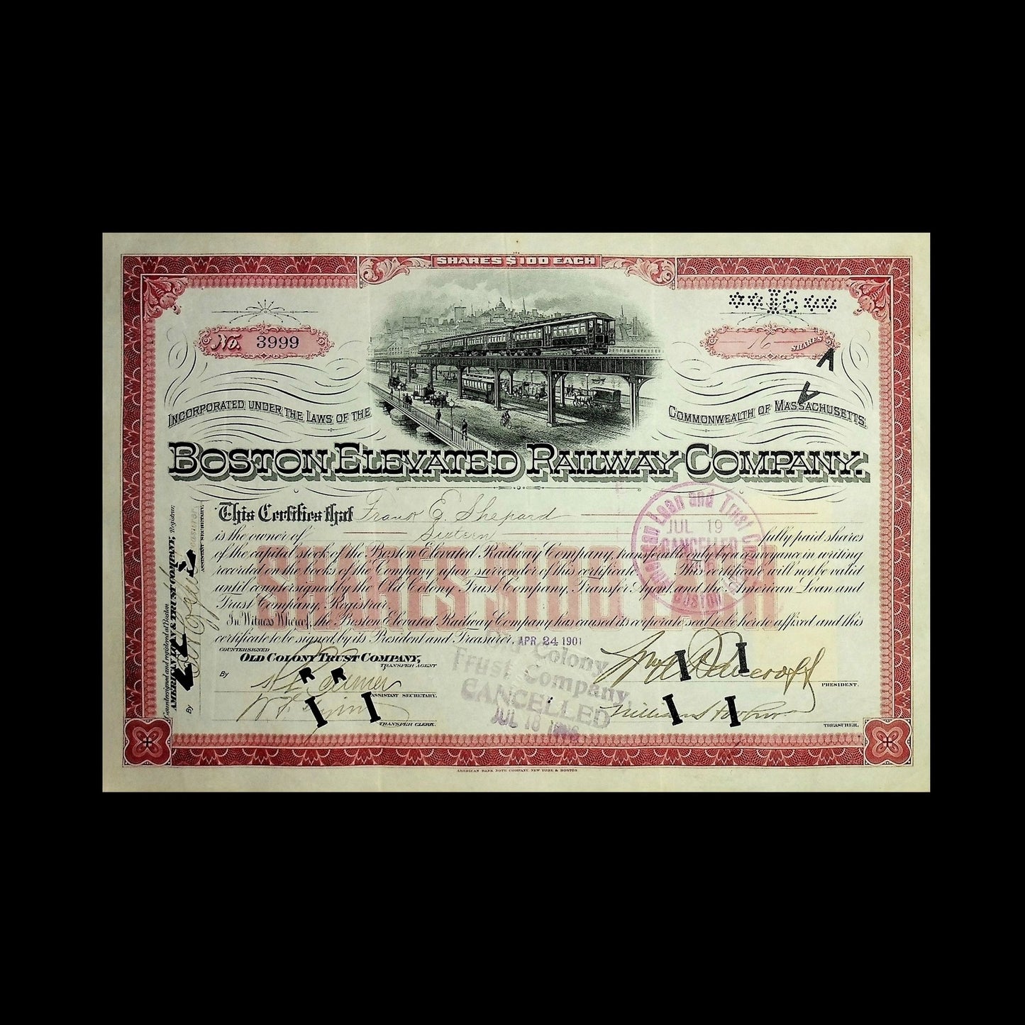 Boston Elevated Railway Company Stock Certificate from early 1900s