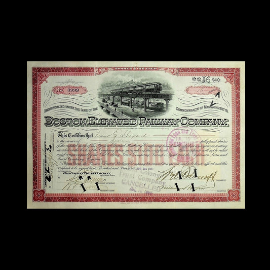 Boston Elevated Railway Company Stock Certificate from early 1900s