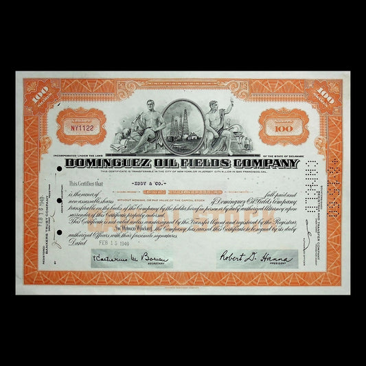 Dominguez Oli Fields Company Stock Certificate from 1940s