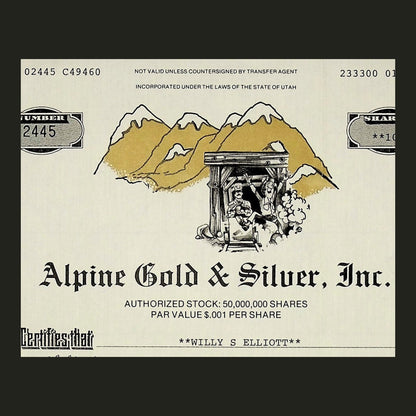 Alpine Gold & Silver Inc Stock Certificate from 1986