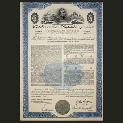 Ford International Capital Corporation Bond Certificate (w/ Henry Ford) from 1968