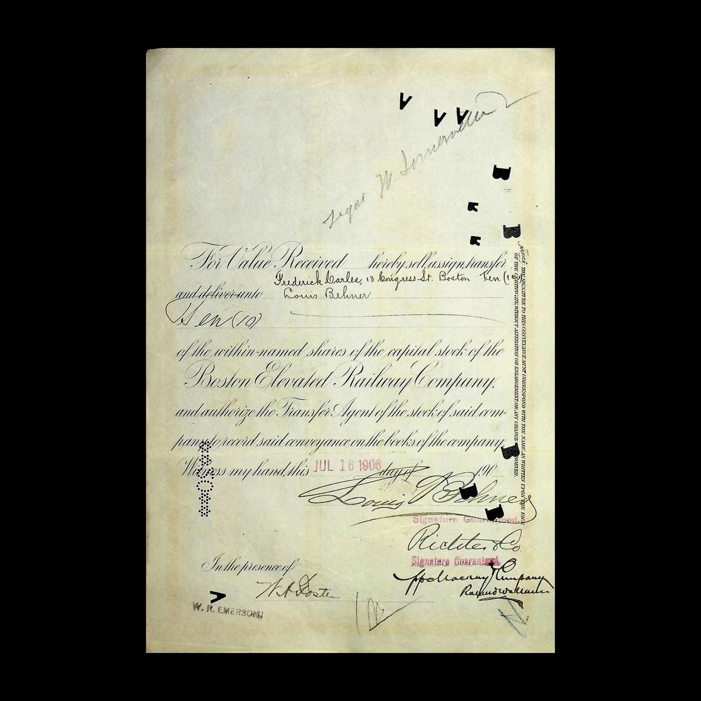 Boston Elevated Railway Company Stock Certificate from early 1900s