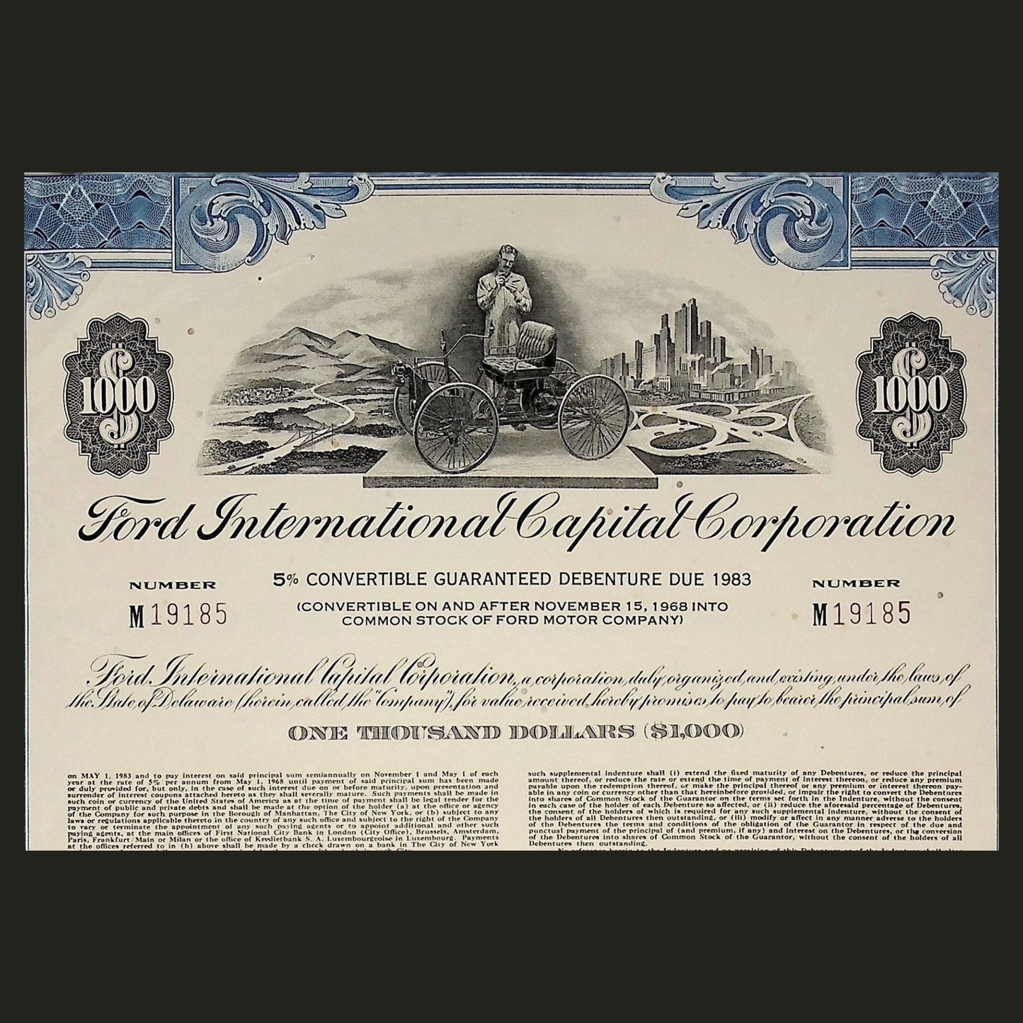 Ford International Capital Corporation Bond Certificate (w/ Henry Ford) from 1968