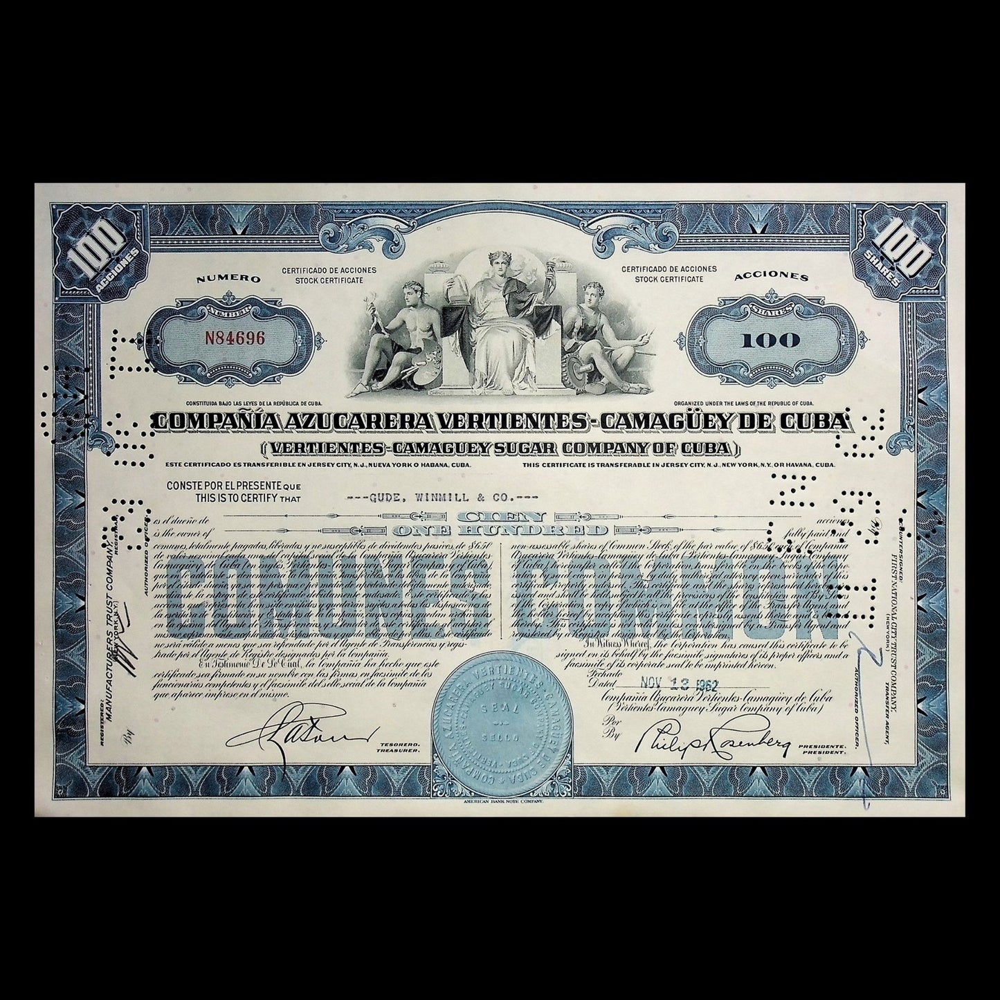 Compania Azucarera Vertientes- Camaguey De Cuba (Cuban Sugar) Stock Certificate 1960s