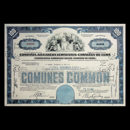 Compania Azucarera Vertientes- Camaguey De Cuba (Cuban Sugar) Stock Certificate 1960s