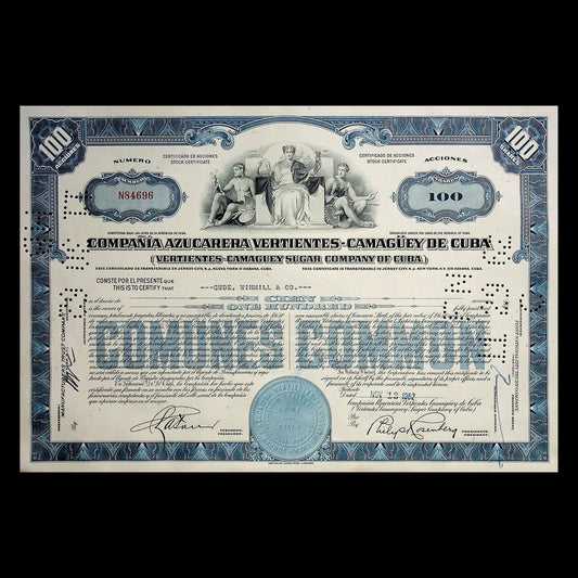 Compania Azucarera Vertientes- Camaguey De Cuba (Cuban Sugar) Stock Certificate 1960s