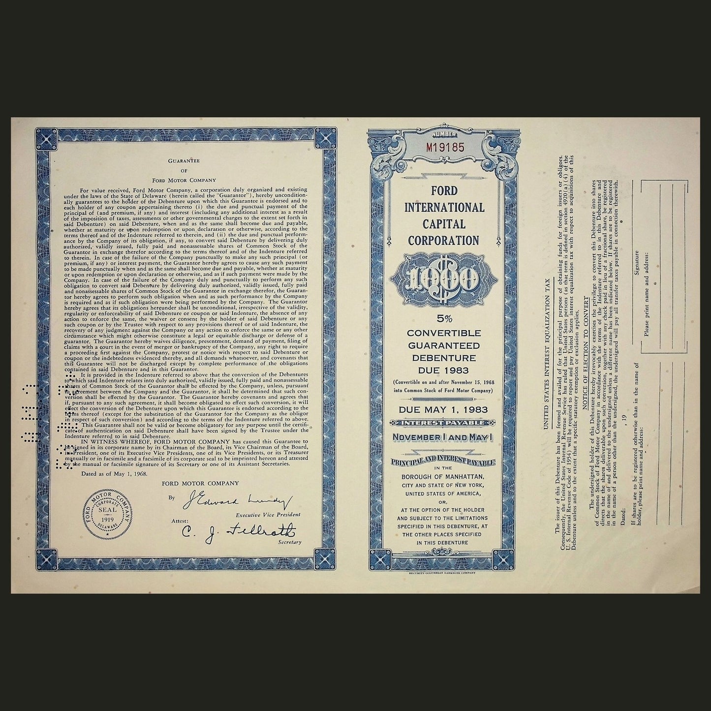 Ford International Capital Corporation Bond Certificate (w/ Henry Ford) from 1968