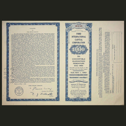 Ford International Capital Corporation Bond Certificate (w/ Henry Ford) from 1968