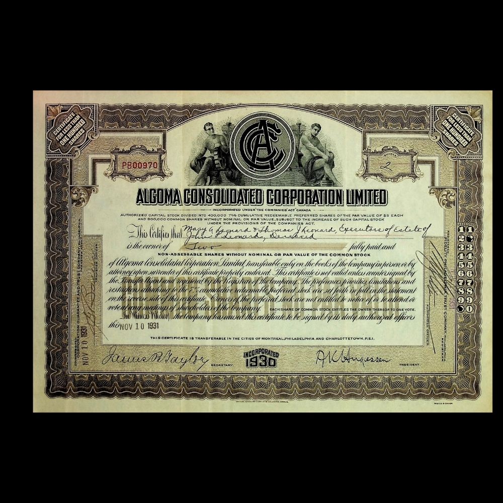 Algoma Consolidated Corp (Ontario Canada) Stock Certificate from 1930s