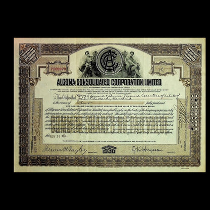 Algoma Consolidated Corp (Ontario Canada) Stock Certificate from 1930s