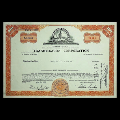 Trans-Beacon Corporation stock certificate with decorative border