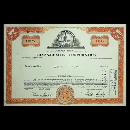 Trans-Beacon Corporation stock certificate with decorative border