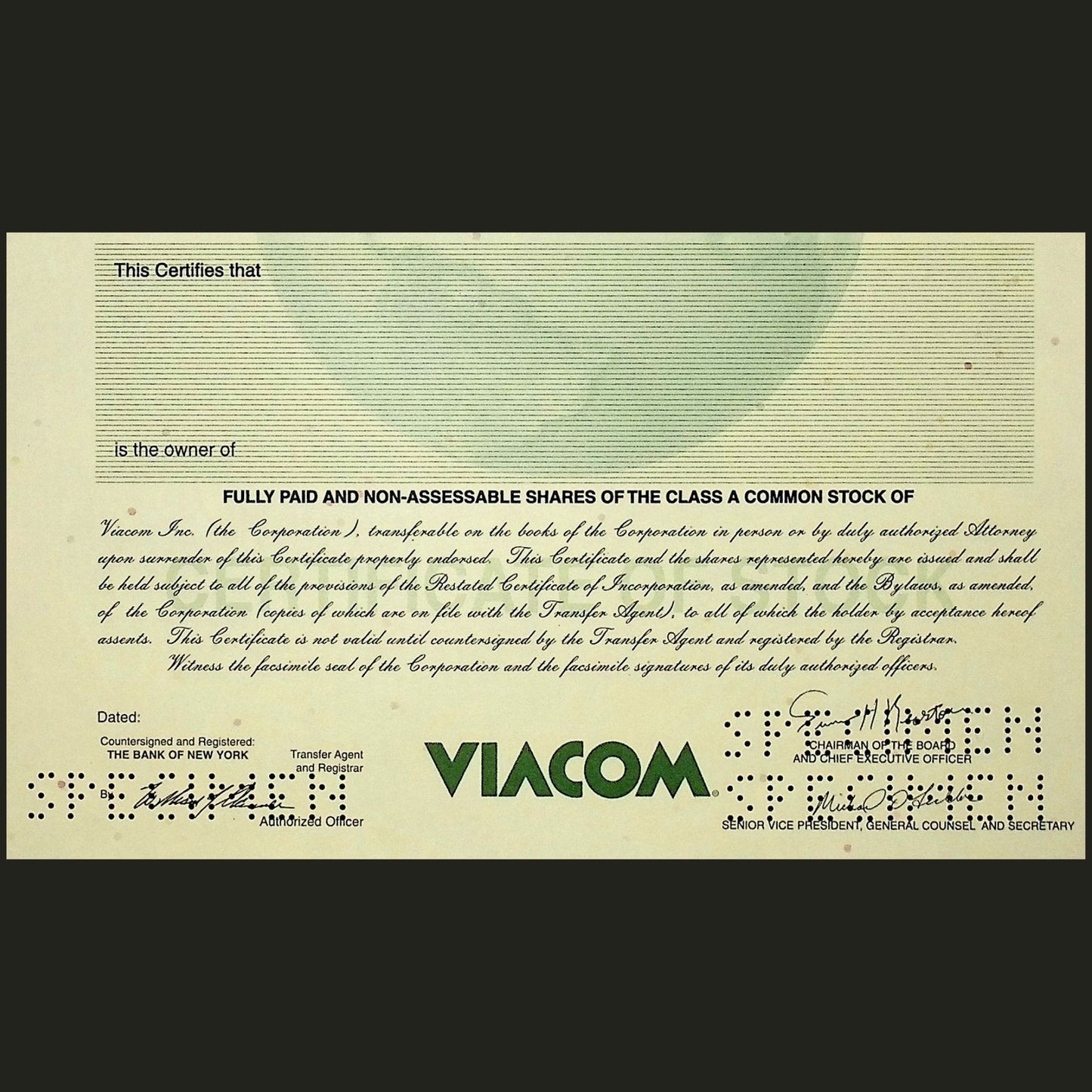 Viacom Inc Stock Certificate Specimen from 1986 ft Nickelodeon, Paramount, MTV, Showtime & Simon & Schuster Logos