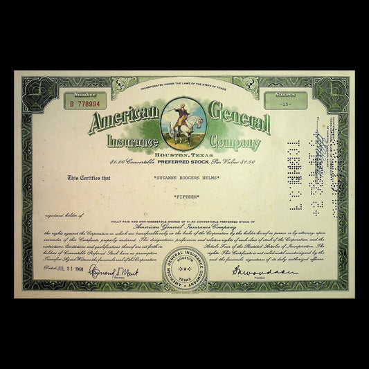 American General Insurance Company now AIG (Colorful George Washington) Stock Certificate from 1960s