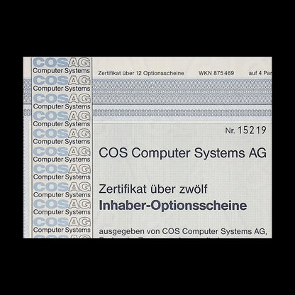 COS Computer Systems AG (Swiss co) Warrant Certificate in German from 1988