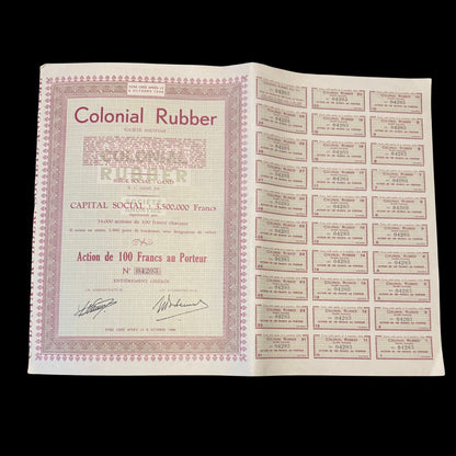 Colonial Rubber Stock Certificate 1944 from Gand (Ghent), Belgium