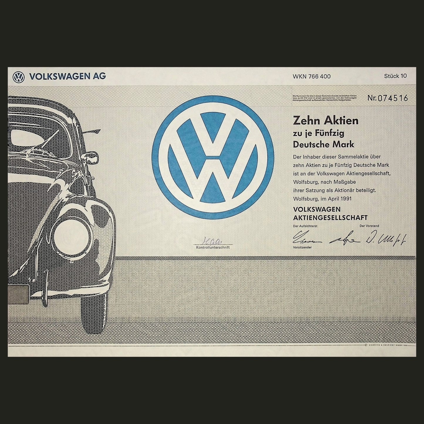 Volkswagen AG Stock Certificate in German from 1991 (3 color options)