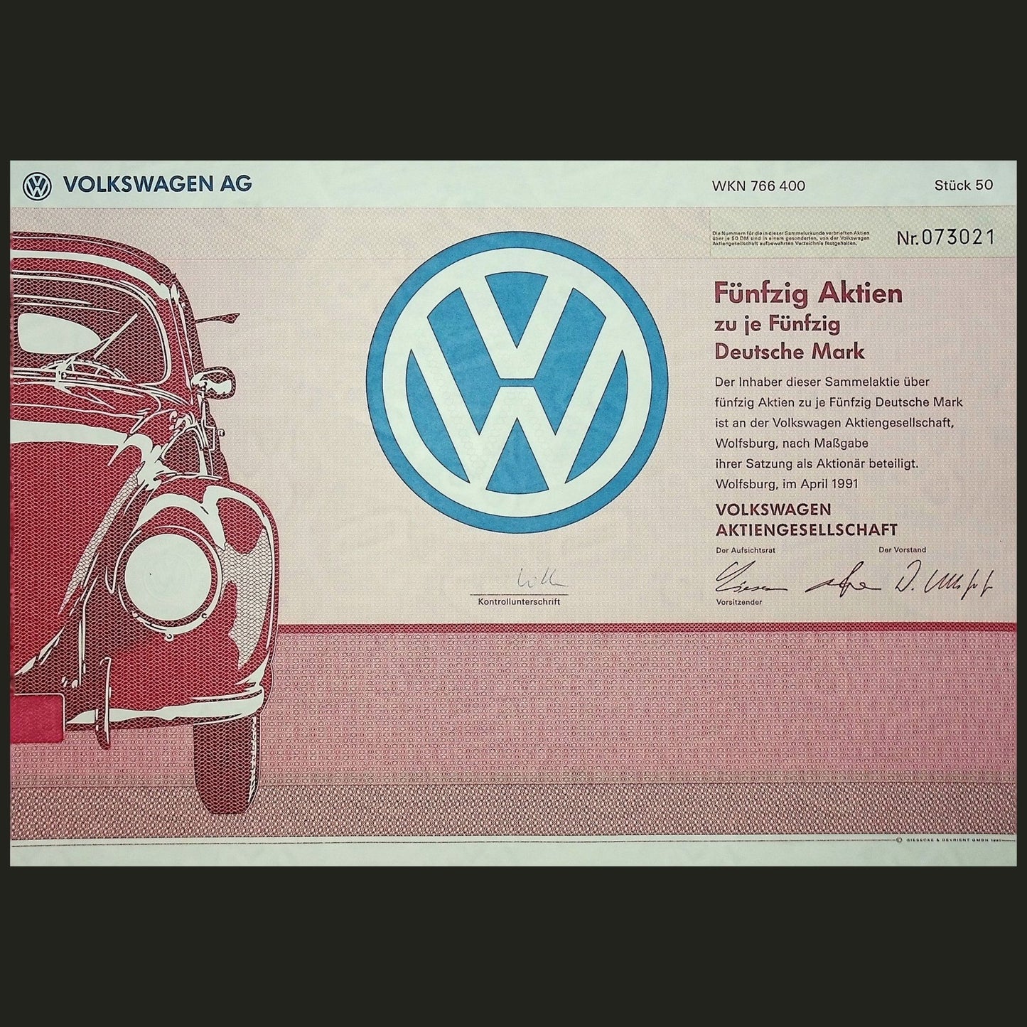 Volkswagen AG Stock Certificate in German from 1991 (3 color options)