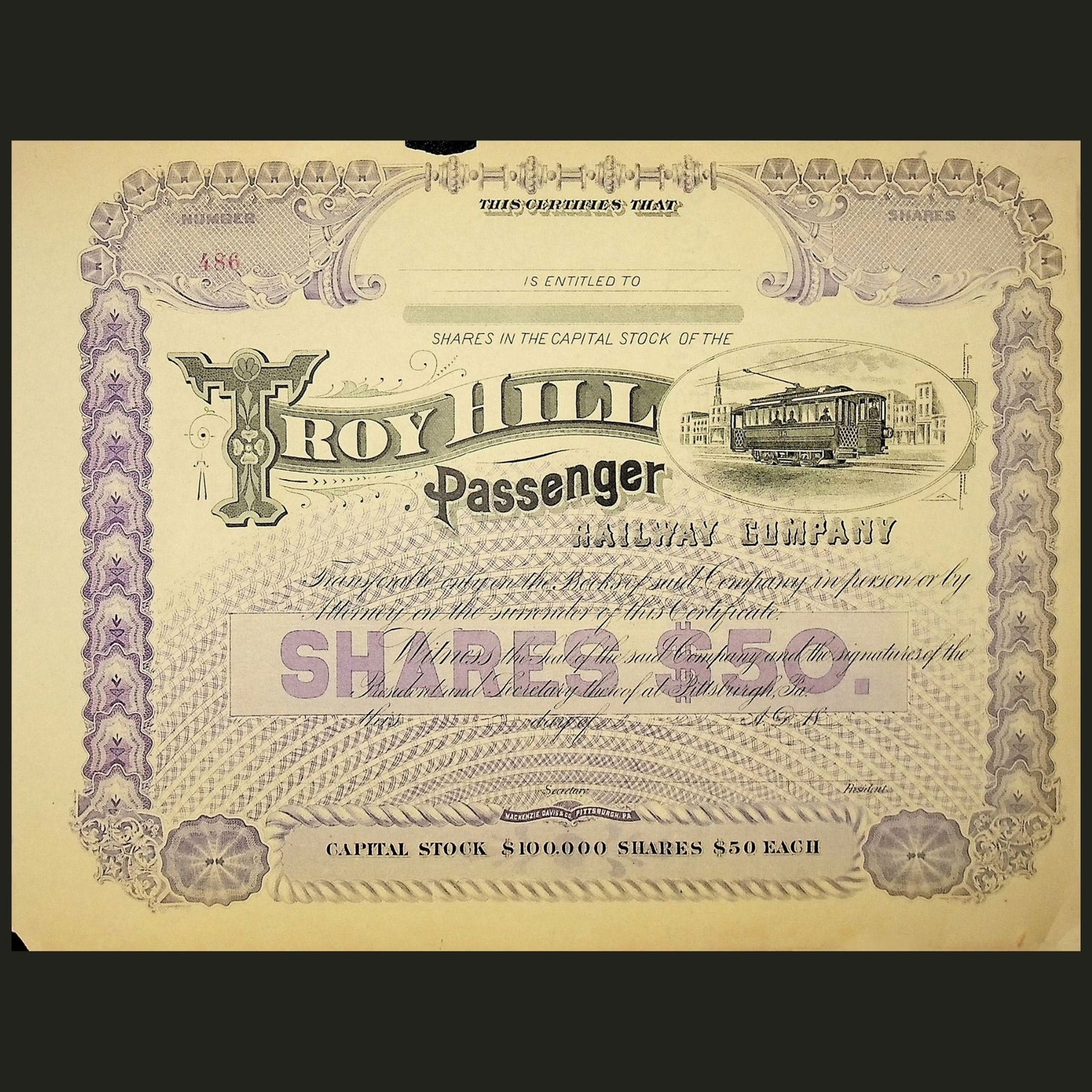 Troy Hill Passenger Railway Company (Pittsburgh) Unissued Stock Certificate from late 1800s