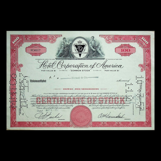 Hotel Corporation of America (now Sonesta Hotels, A.M. Sonnabend) Stock Certificate from 1950s