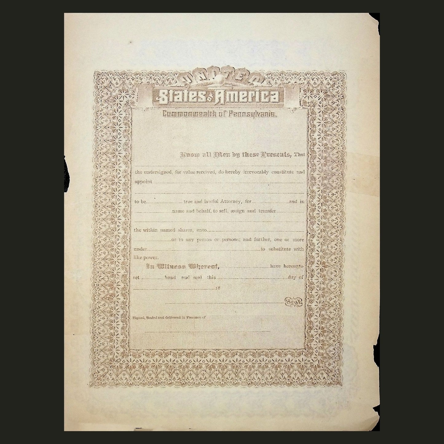 Troy Hill Passenger Railway Company (Pittsburgh) Unissued Stock Certificate from late 1800s