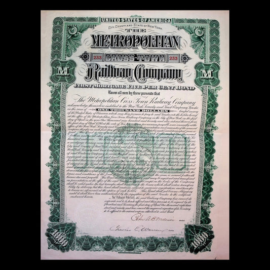 Metropolitan Crosstown Railway New York City Uncanceled Bond Certificate 1900s (with Coupons)