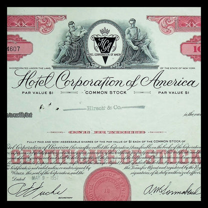 Hotel Corporation of America (now Sonesta Hotels, A.M. Sonnabend) Stock Certificate from 1950s
