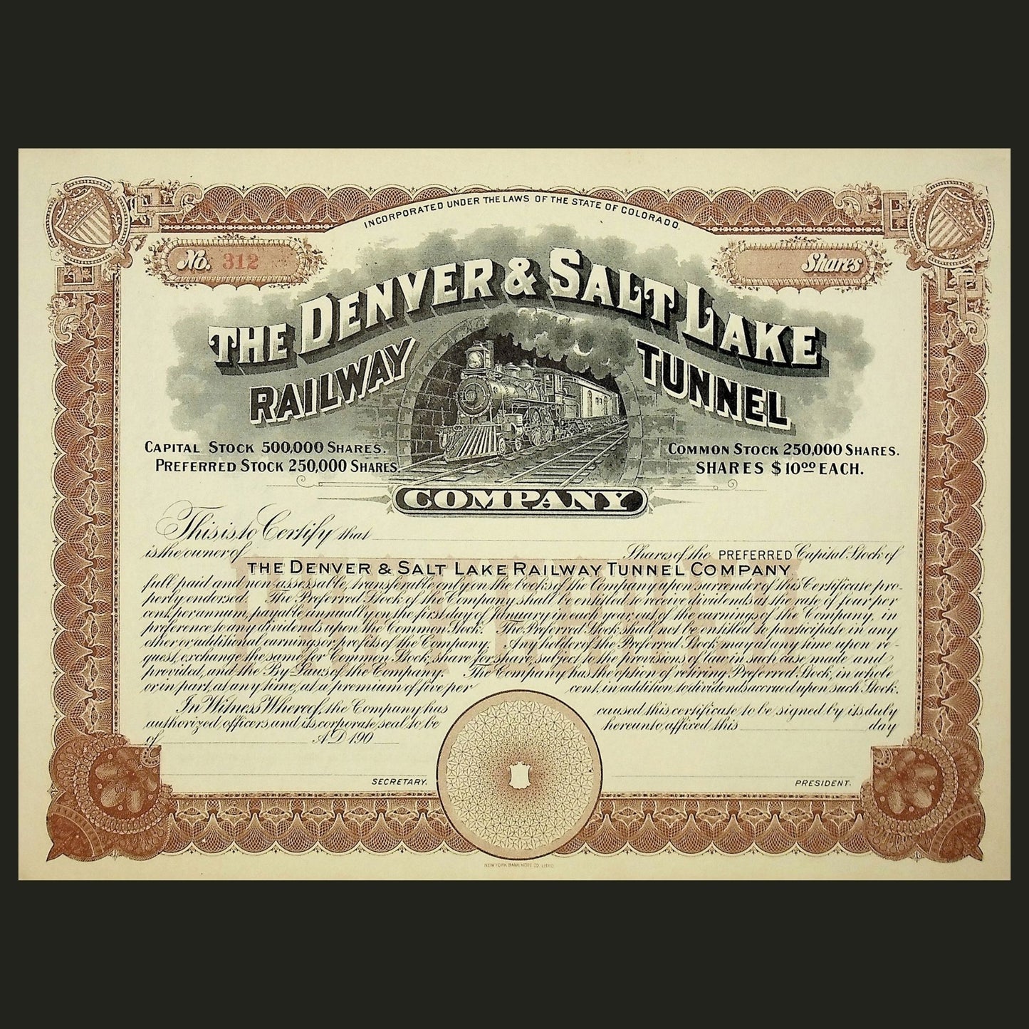 The Denver & Salt Lake Railway Tunnel (Moffat Tunnel) Company Unissued Stock Certificate from 1900s