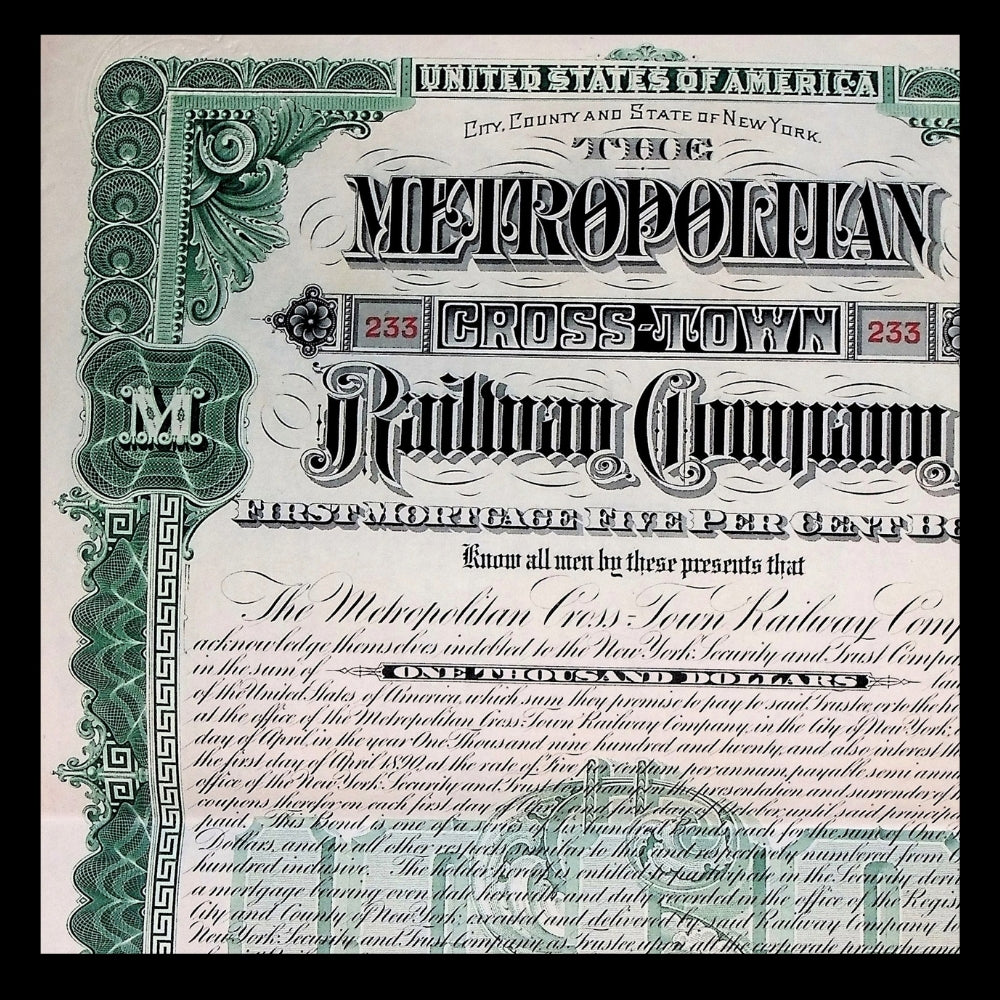 Metropolitan Crosstown Railway New York City Uncanceled Bond Certificate 1900s (with Coupons)