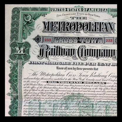 Metropolitan Crosstown Railway New York City Uncanceled Bond Certificate 1900s (with Coupons)