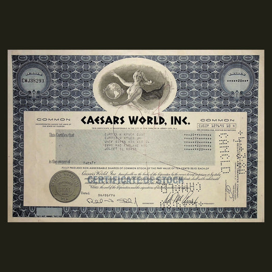 Caesars World Casino Stock Certificate from 1970s