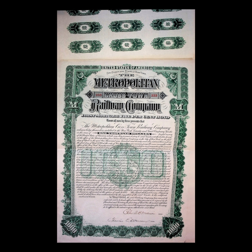 Metropolitan Crosstown Railway New York City Uncanceled Bond Certificate 1900s (with Coupons)
