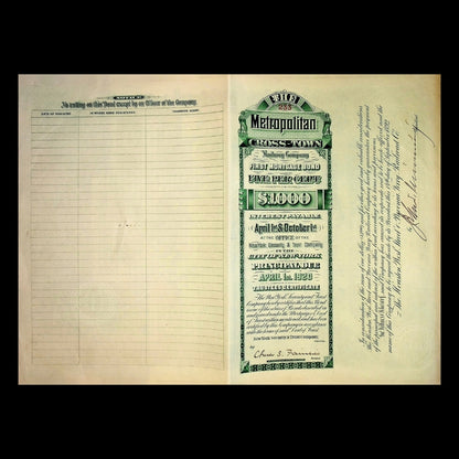 Metropolitan Crosstown Railway New York City Uncanceled Bond Certificate 1900s (with Coupons)