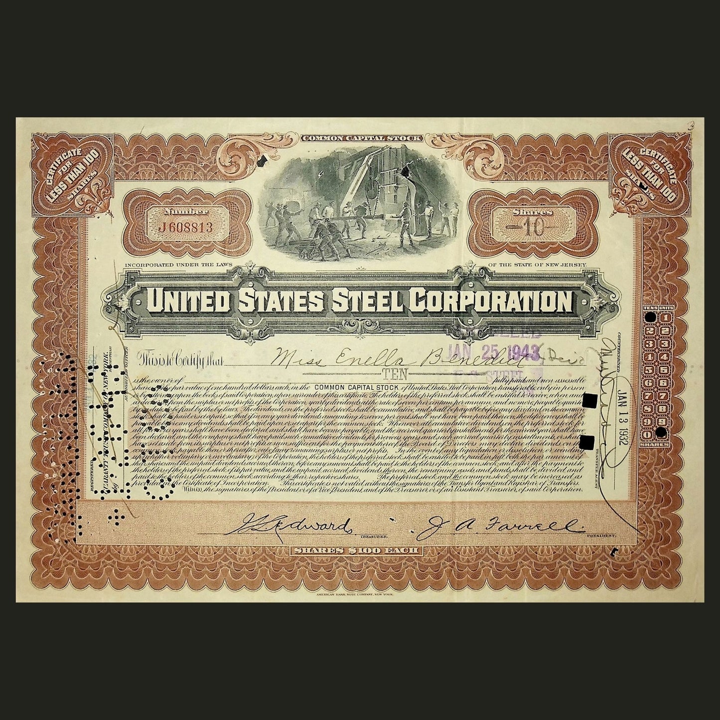 United States Steel Corporation Stock Certificate from 1940s