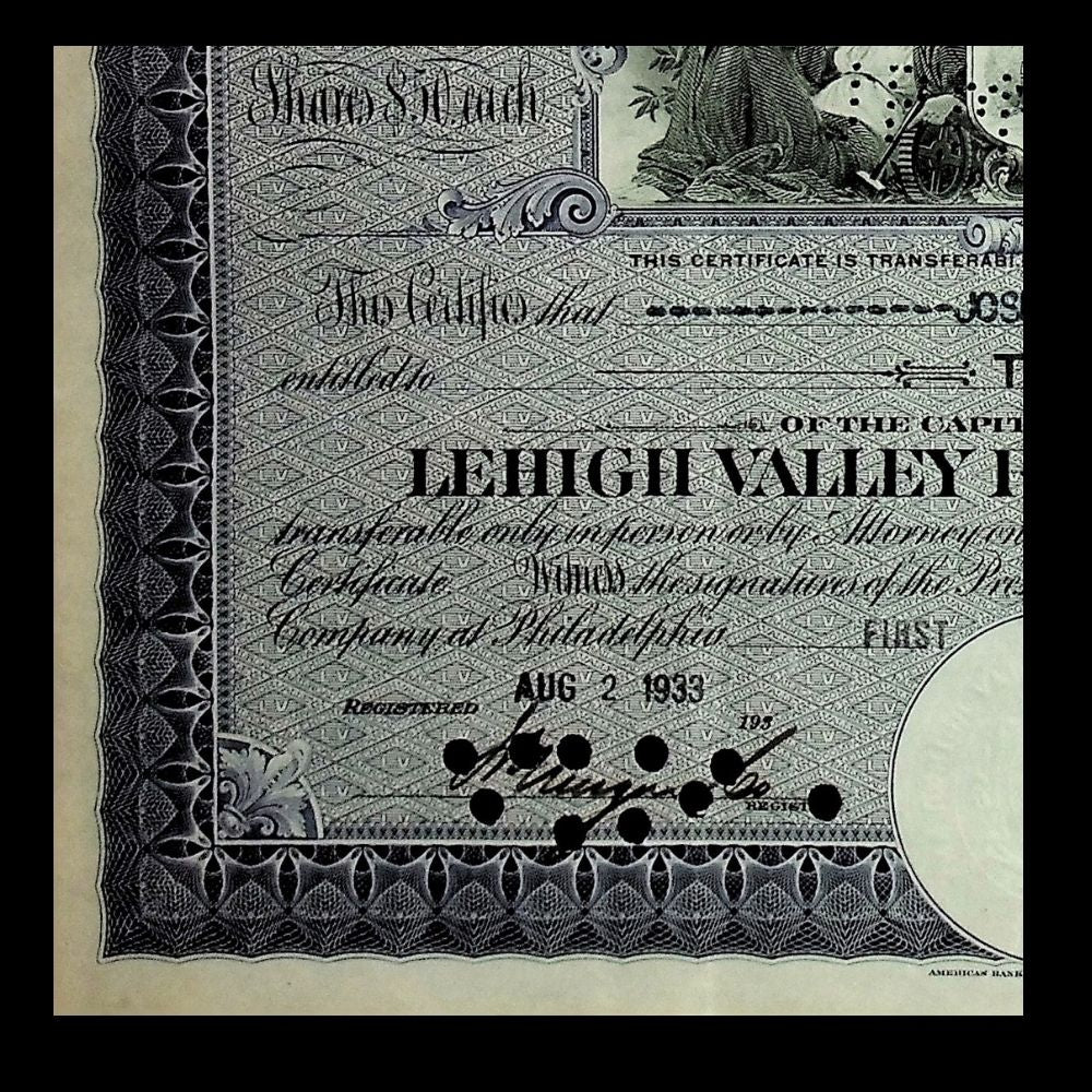 Lehigh Valley Railroad Company Purple Stock Certificate 1930s