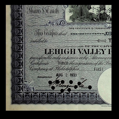 Lehigh Valley Railroad Company Purple Stock Certificate 1930s