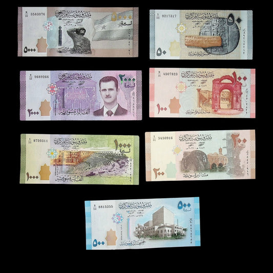 7 Banknote Set from Syria early 2000s - 2020s featuring Bashar al-Assad